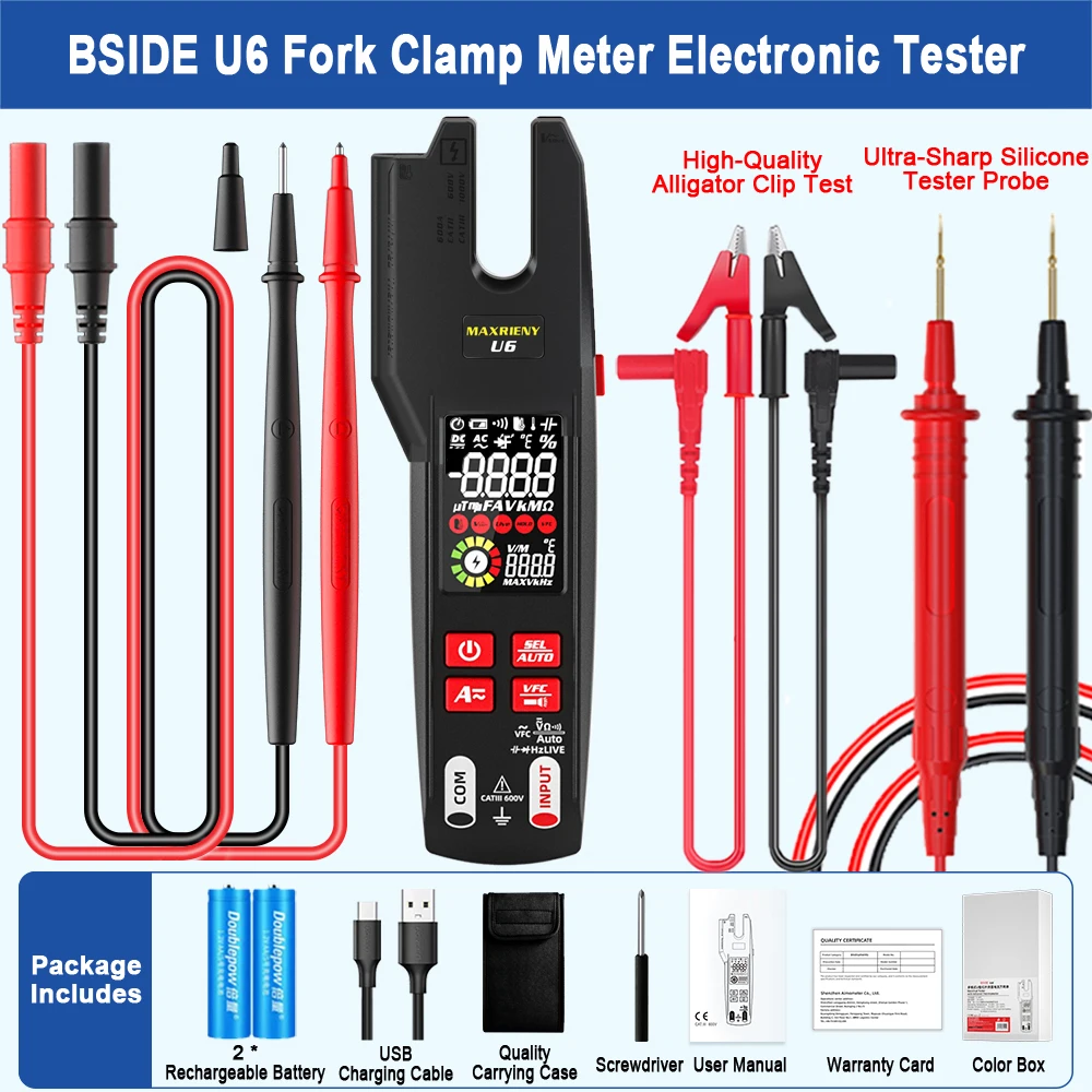 U6 U6X Digital Fork Clamp Meter 600A Current Open Jaw Ammeter Multimeter DC AC Current Hz Electrical Tester Rechargeable Battery