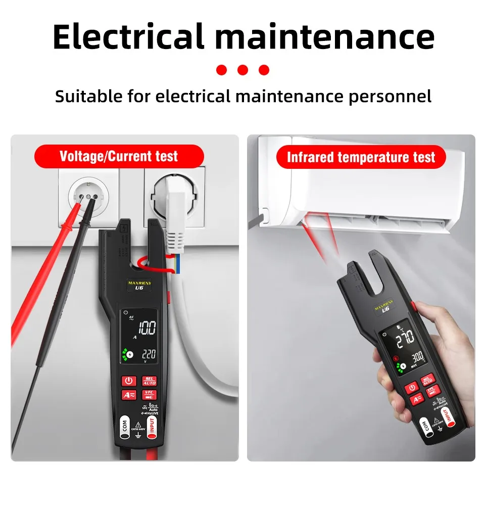 U6 U6X Digital Fork Clamp Meter 600A Current Open Jaw Ammeter Multimeter DC AC Current Hz Electrical Tester Rechargeable Battery