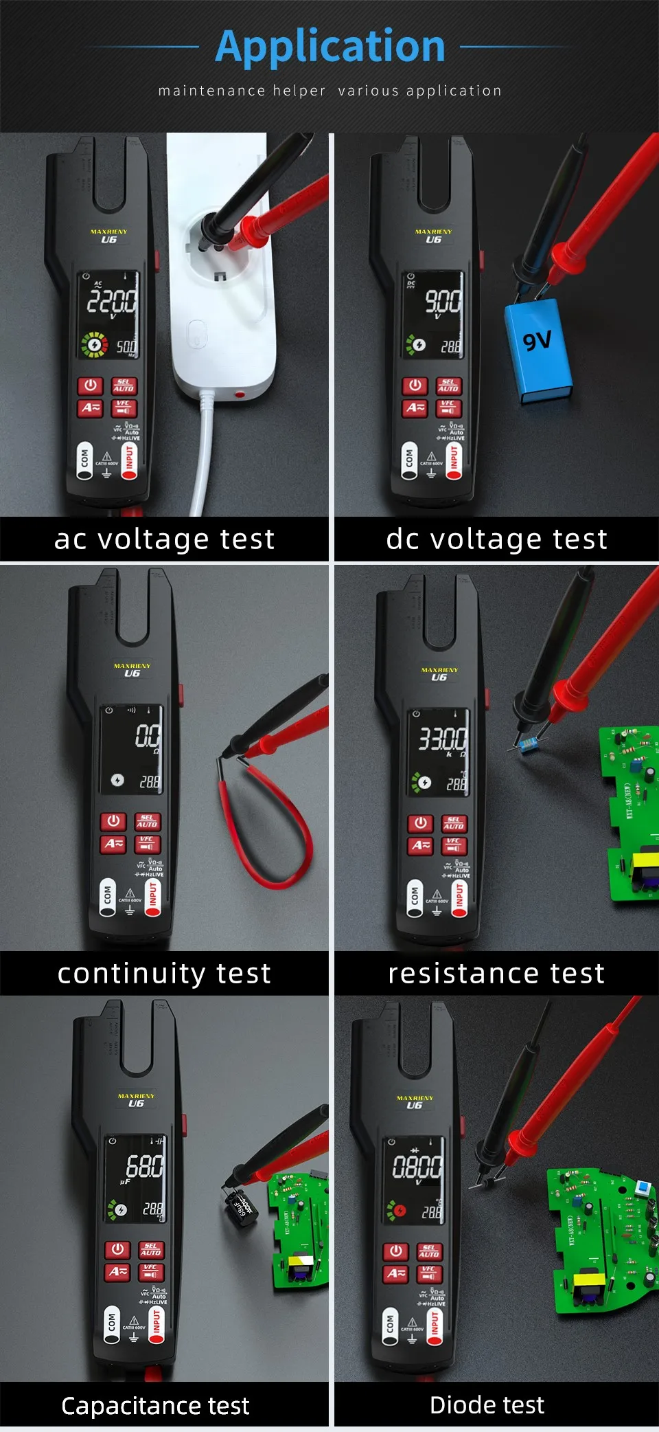 U6 U6X Digital Fork Clamp Meter 600A Current Open Jaw Ammeter Multimeter DC AC Current Hz Electrical Tester Rechargeable Battery