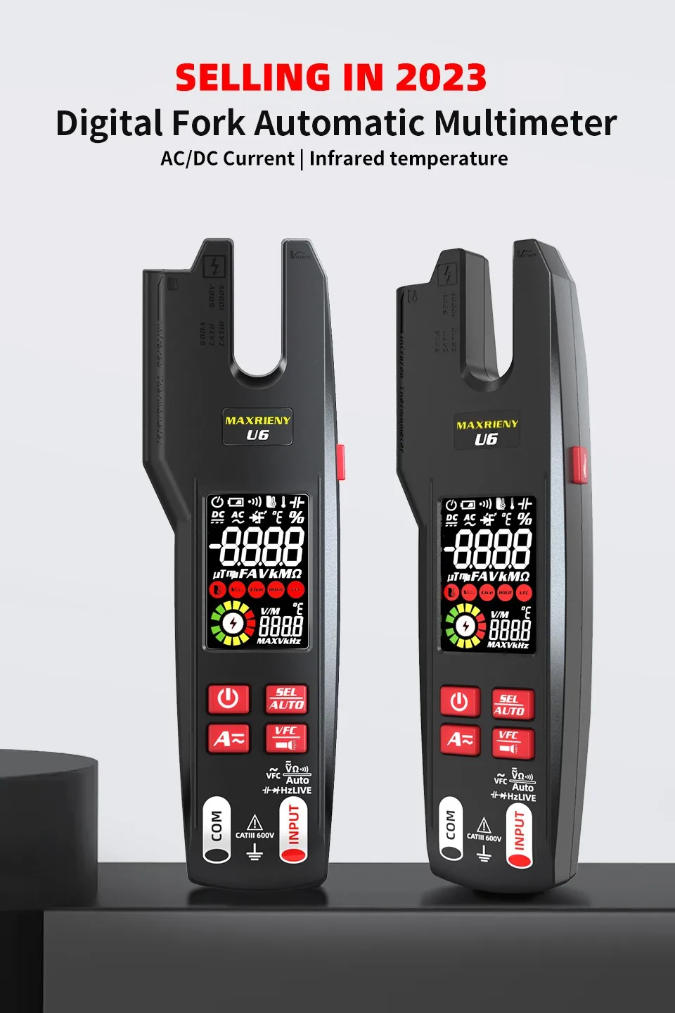 U6 U6X Digital Fork Clamp Meter 600A Current Open Jaw Ammeter Multimeter DC AC Current Hz Electrical Tester Rechargeable Battery