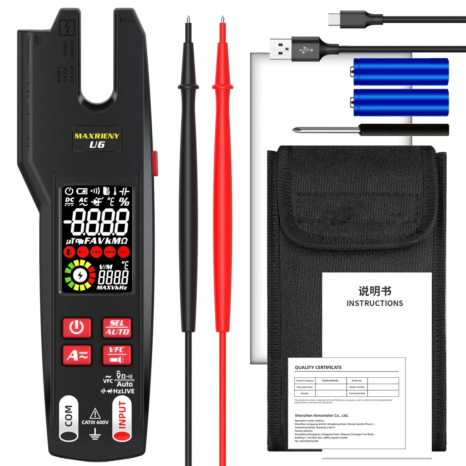 U6 U6X Digital Fork Clamp Meter 600A Current Open Jaw Ammeter Multimeter DC AC Current Hz Electrical Tester Rechargeable Battery