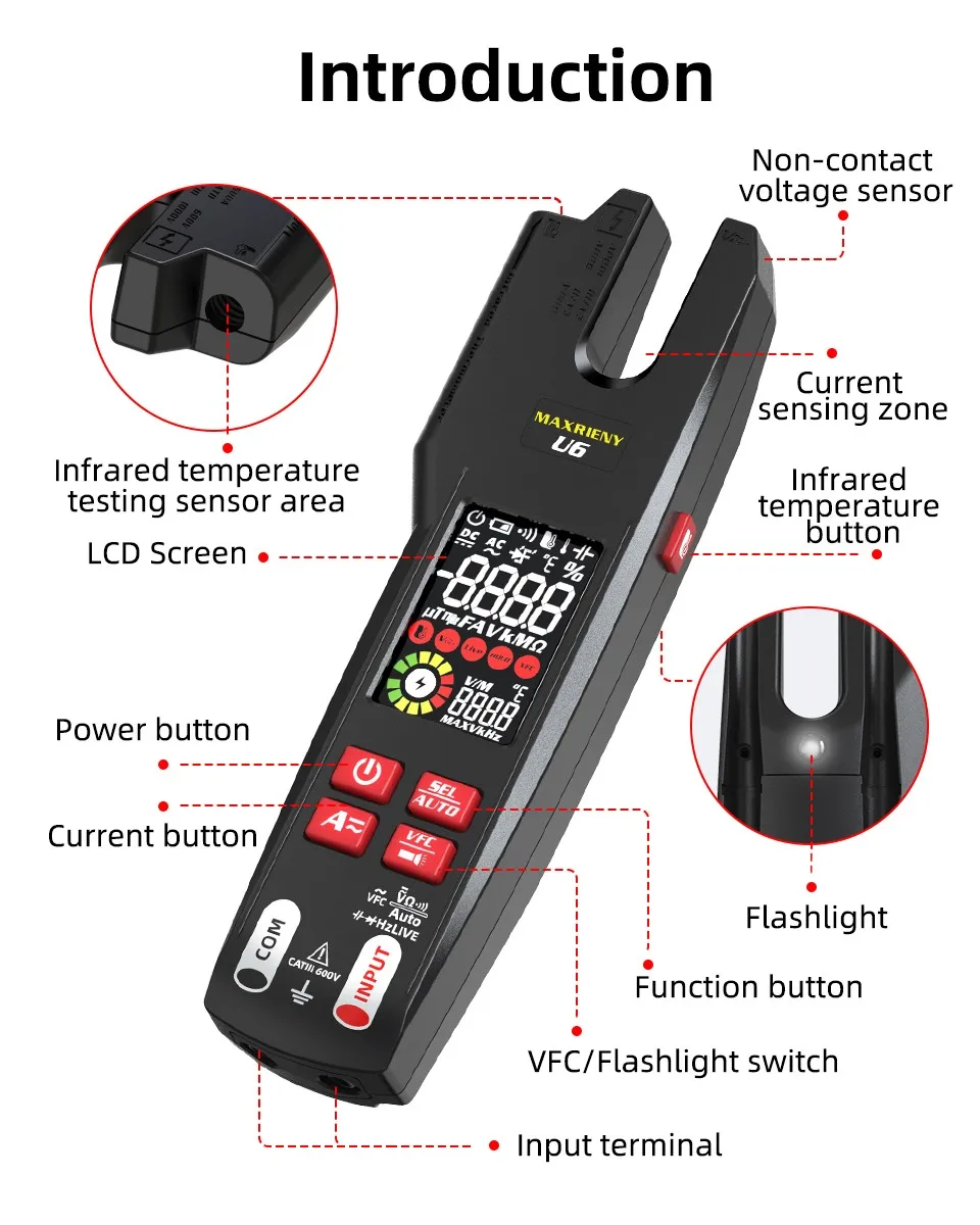 U6 U6X Digital Fork Clamp Meter 600A Current Open Jaw Ammeter Multimeter DC AC Current Hz Electrical Tester Rechargeable Battery