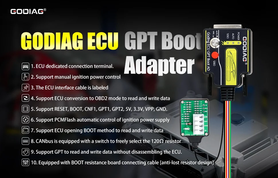 GODIAG ECU GPT Boot OBD2 ECU Diagnose Read & Write Adapter Work with Openport GT100 J2534 Standard OBD2 Protocol
