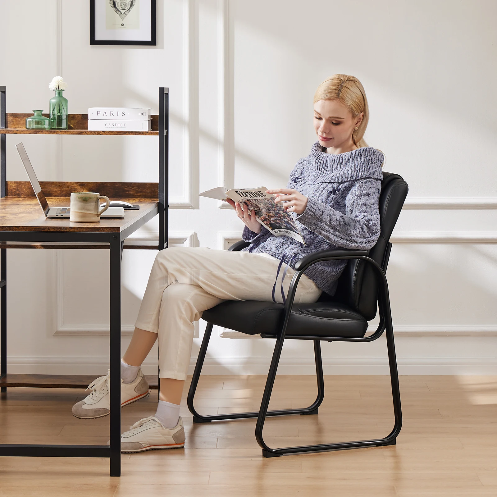 JHK Ergonomic Padded Backrest Living Room Gaming Chair Waterproof PU Leather Waiting Room Seat Thickened Sponge Cushion Arms