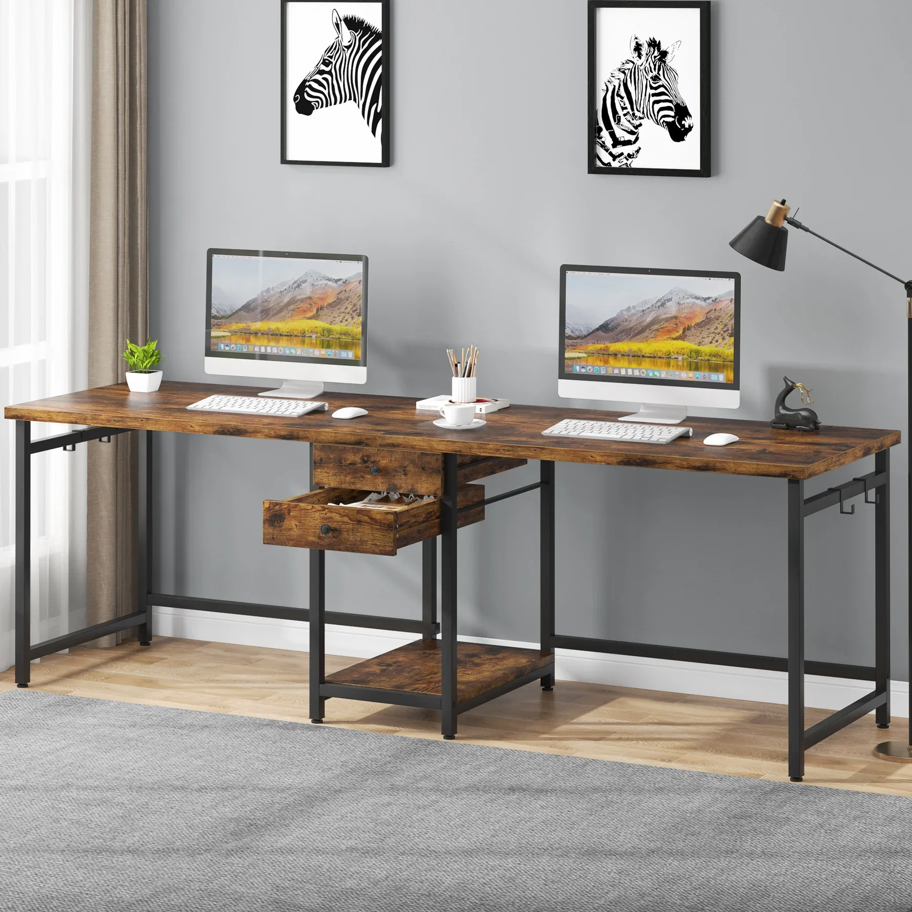Tribesigns 78.74’’ Two Person Desk with 2 Drawers, Long Double Computer Desk Gaming Table with Shelves