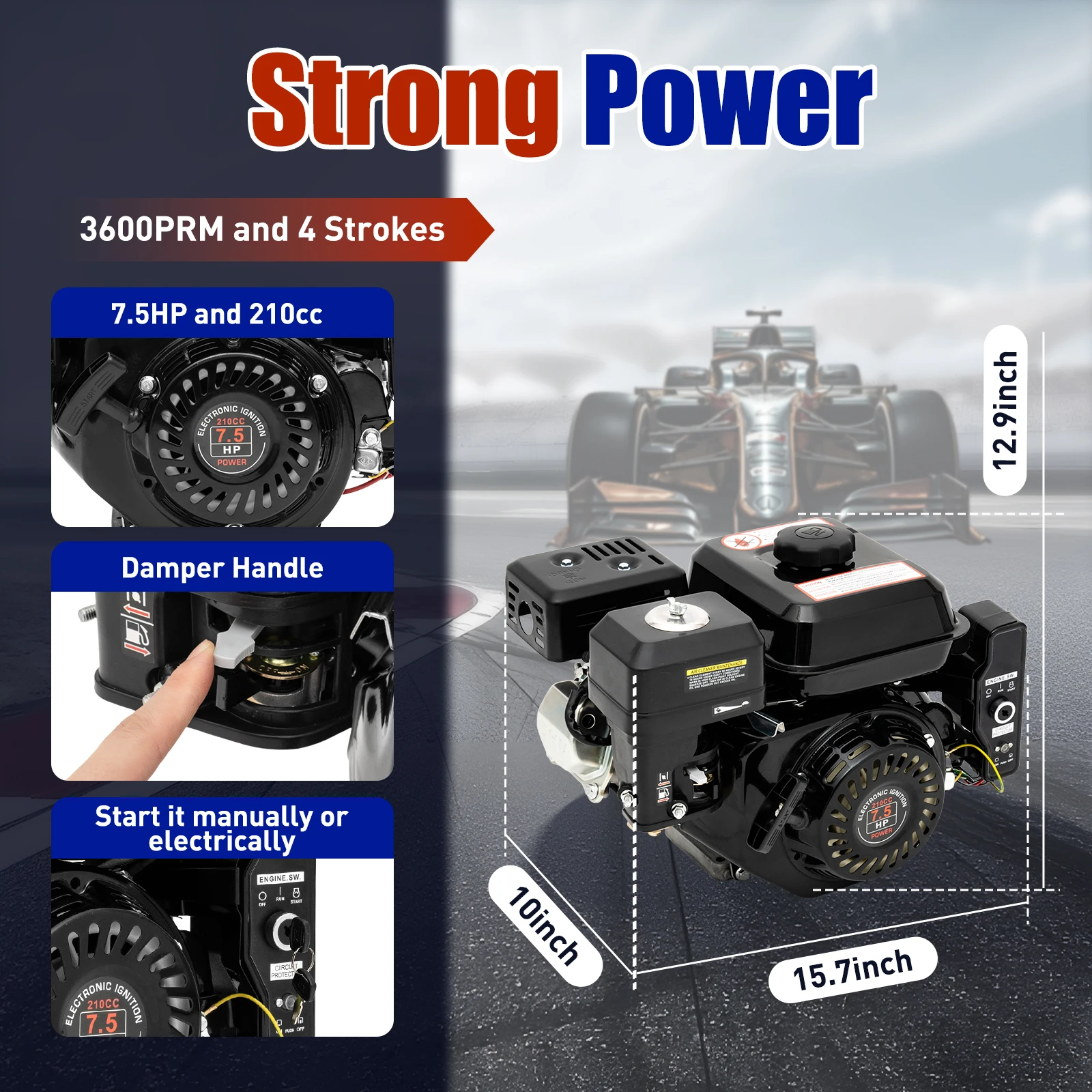 7.5HP 4-Stroke Gasoline Engine 3KW 210CC Hand/Electric Start OHV Air Cooling Gas Engine Motor for Go Karts Compressors 3600RPM