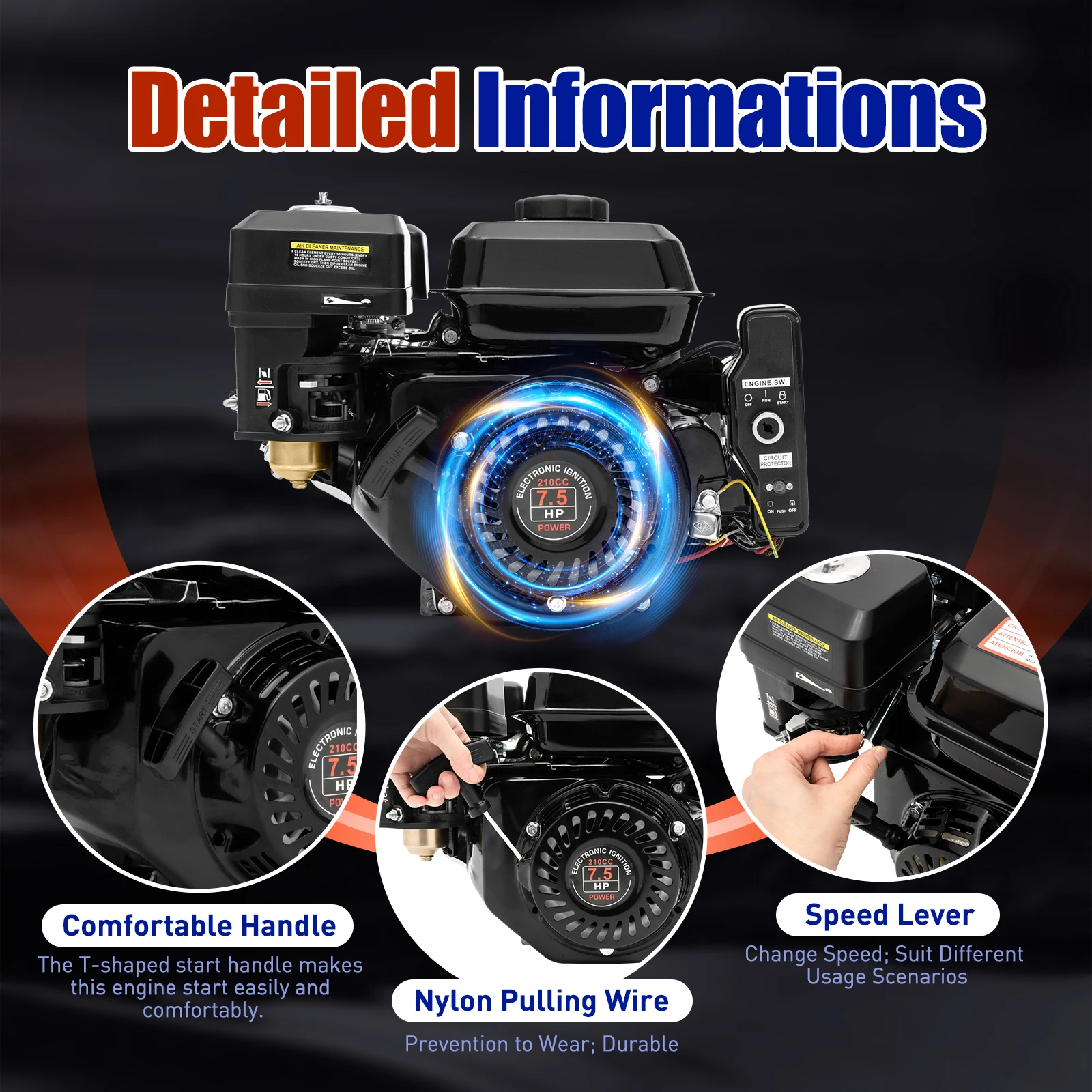 7.5HP 4-Stroke Gasoline Engine 3KW 210CC Hand/Electric Start OHV Air Cooling Gas Engine Motor for Go Karts Compressors 3600RPM
