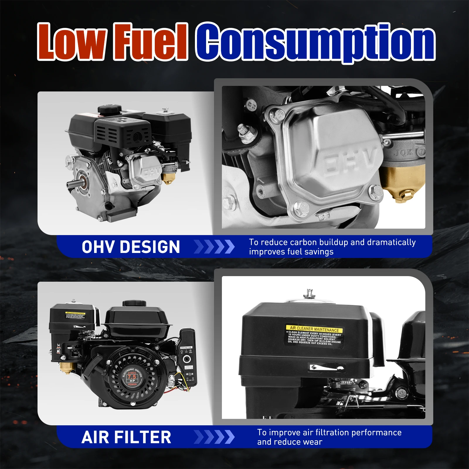 7.5HP 4-Stroke Gasoline Engine 3KW 210CC Hand/Electric Start OHV Air Cooling Gas Engine Motor for Go Karts Compressors 3600RPM