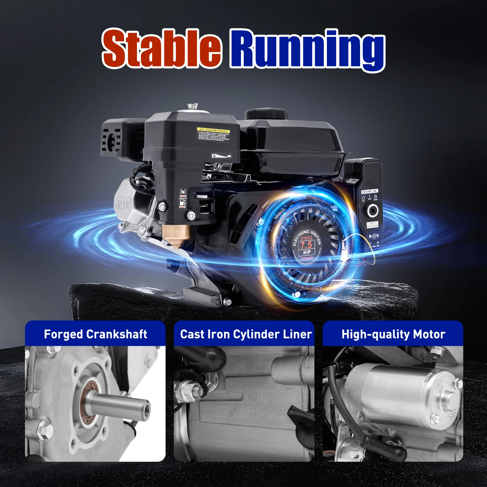 7.5HP 4-Stroke Gasoline Engine 3KW 210CC Hand/Electric Start OHV Air Cooling Gas Engine Motor for Go Karts Compressors 3600RPM