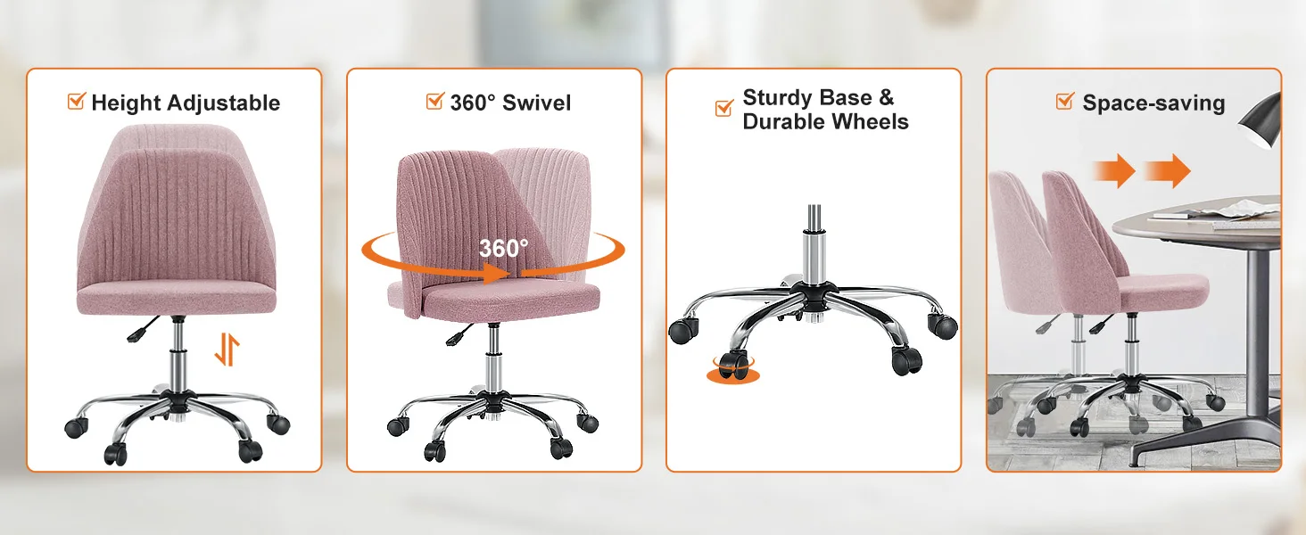 JHK Armless Small Desk Office Chair Cute Vanity Swivel Chair with Back Modern Fabric with Wheels Swivel Task Home Gaming Chair