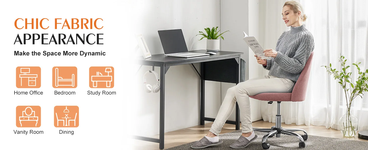 JHK Armless Small Desk Office Chair Cute Vanity Swivel Chair with Back Modern Fabric with Wheels Swivel Task Home Gaming Chair