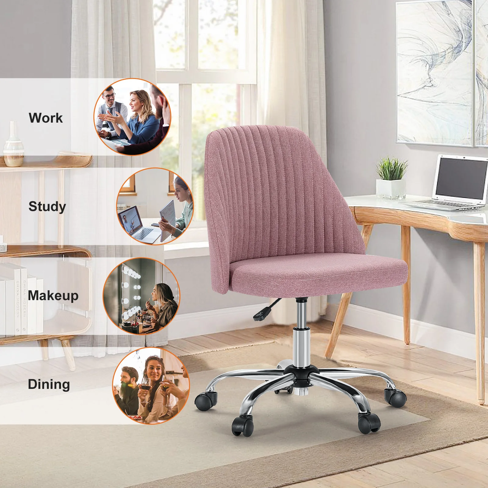 JHK Armless Small Desk Office Chair Cute Vanity Swivel Chair with Back Modern Fabric with Wheels Swivel Task Home Gaming Chair