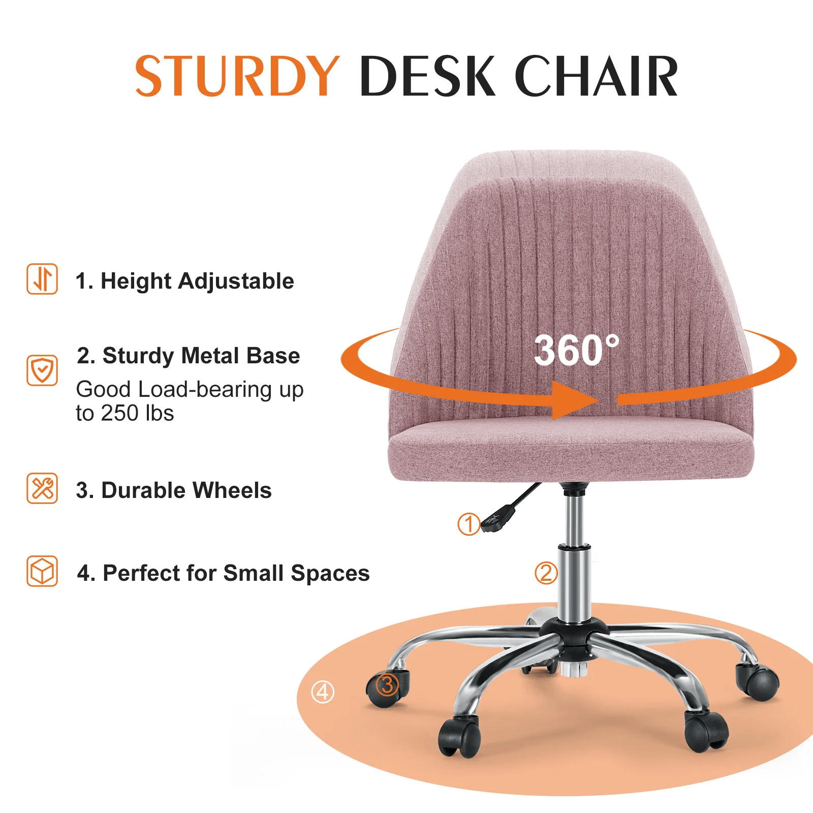 JHK Armless Small Desk Office Chair Cute Vanity Swivel Chair with Back Modern Fabric with Wheels Swivel Task Home Gaming Chair