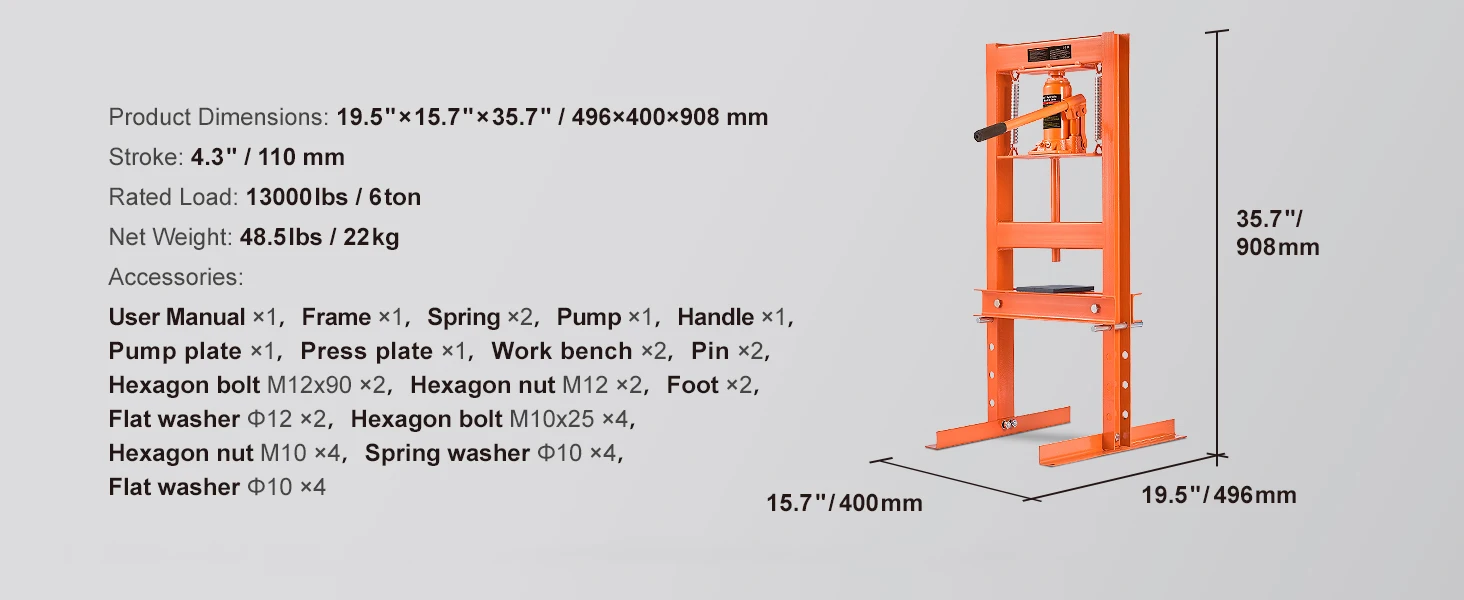 SucceBuy 6/12 Ton Hydraulic H-Frame Garage Floor Adjustable Shop Press with Plates 6/12T Orange for Garage or Professional Shop