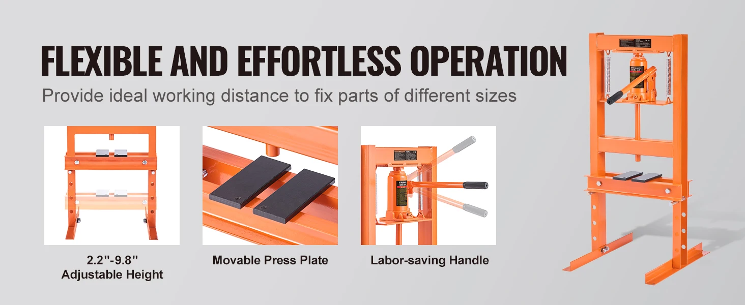 SucceBuy 6/12 Ton Hydraulic H-Frame Garage Floor Adjustable Shop Press with Plates 6/12T Orange for Garage or Professional Shop