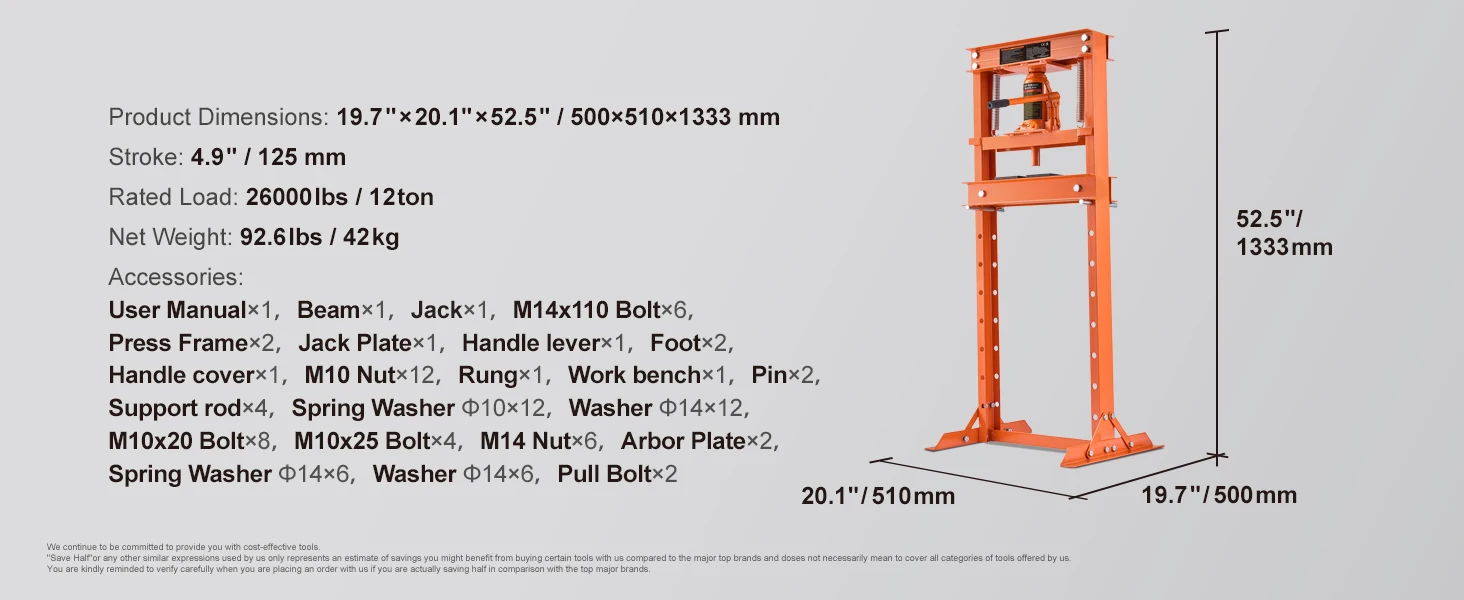 SucceBuy 6/12 Ton Hydraulic H-Frame Garage Floor Adjustable Shop Press with Plates 6/12T Orange for Garage or Professional Shop