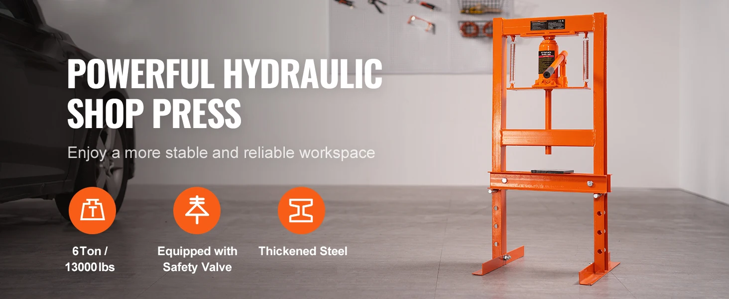 SucceBuy 6/12 Ton Hydraulic H-Frame Garage Floor Adjustable Shop Press with Plates 6/12T Orange for Garage or Professional Shop