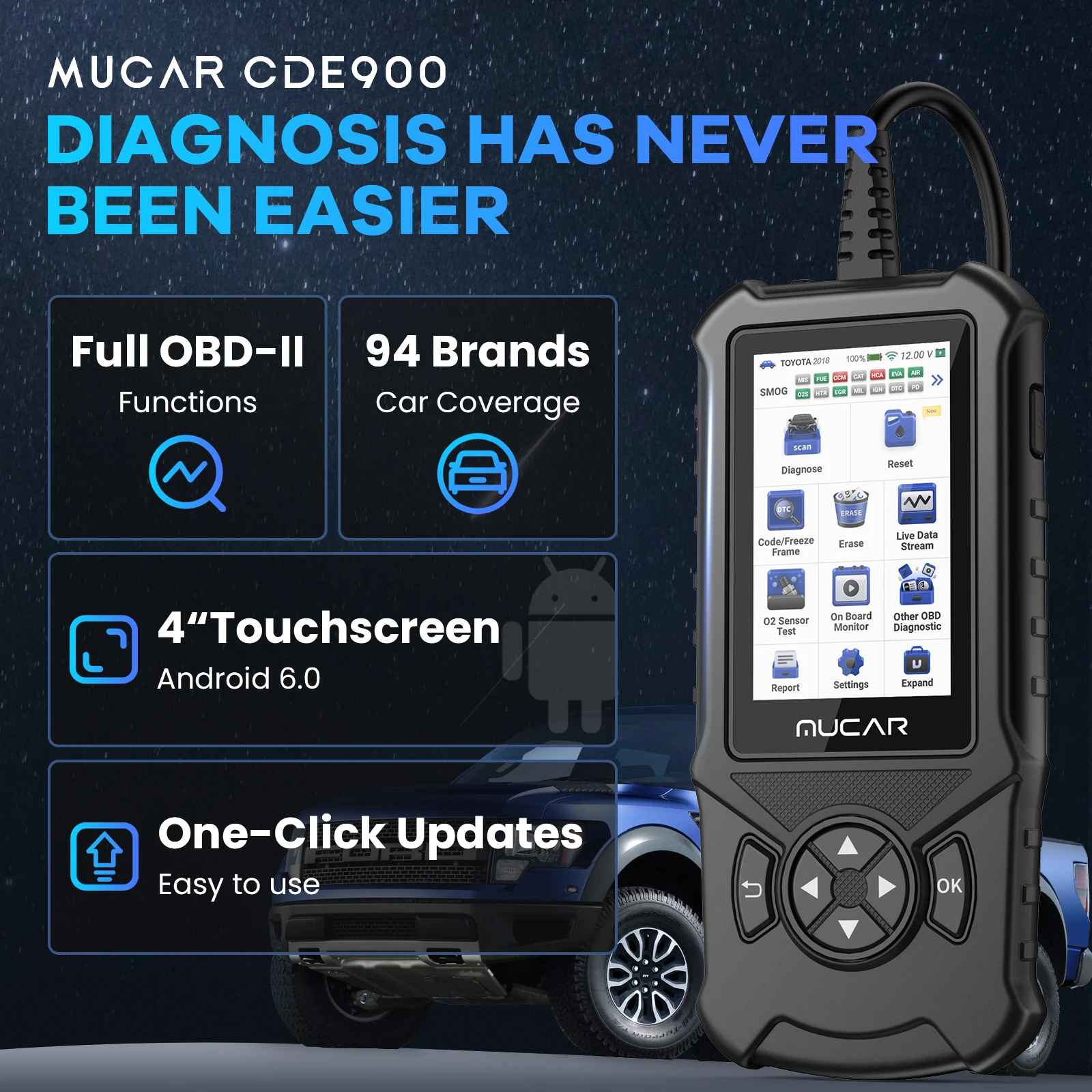 MUCAR CDE900 OBD2 Diagnostic Tool 32GB Scanner Brake Airbag Transmission Engine Diagnosis Code Reader