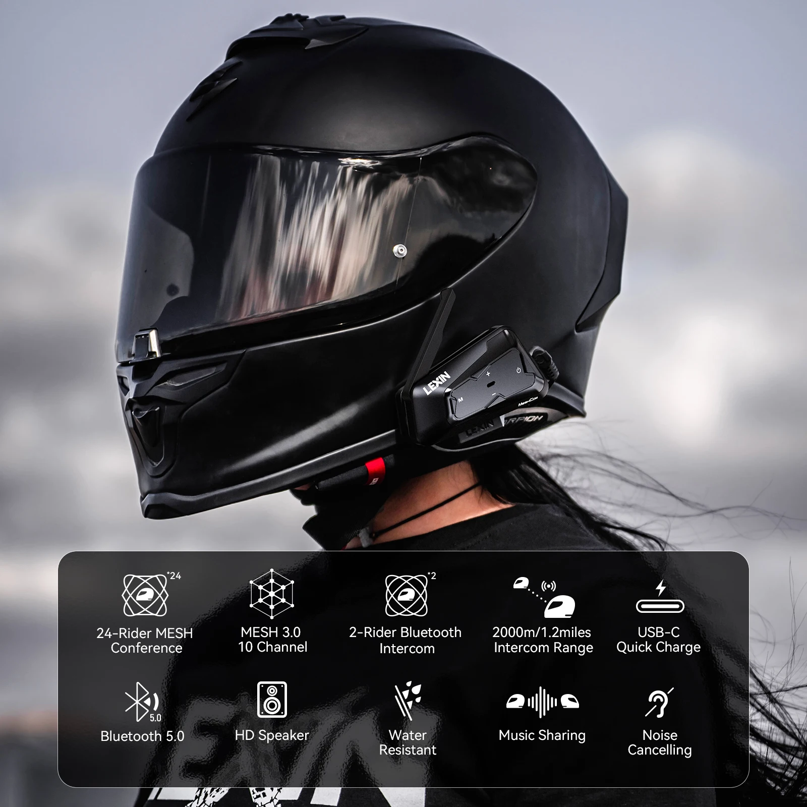 LEXIN-MeshCom Motorcycle MESH&Bluetooth Headset Intercom ,With Mesh Communication System, Parallel Audio- Intercom,24 Riders