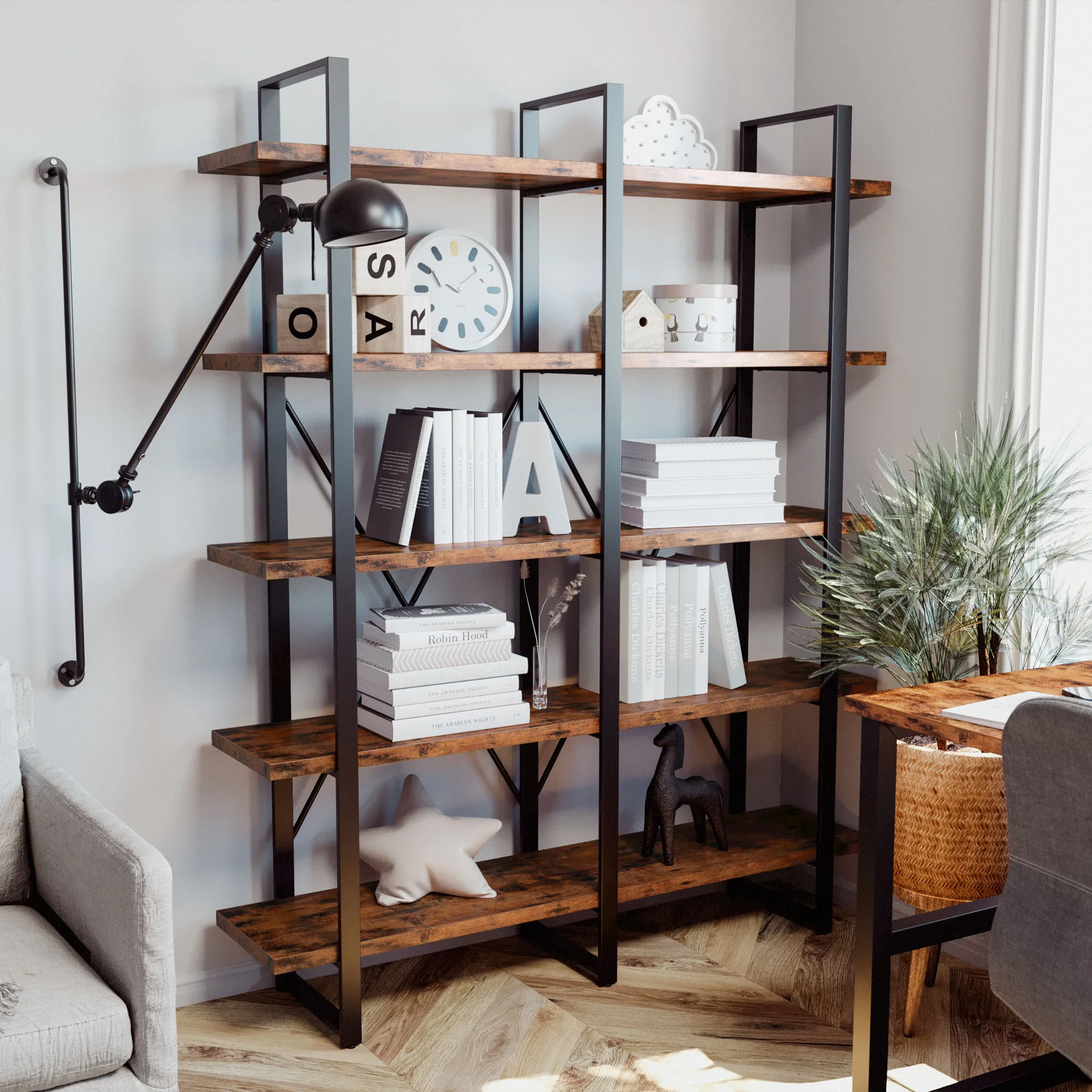 IRONCK Industrial Bookshelf and Bookcase Double Wide 5 Tier, Large Open Shelves, Wood and Metal Bookshelves for Home Office