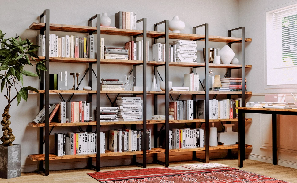 IRONCK Industrial Bookshelf and Bookcase Double Wide 5 Tier, Large Open Shelves, Wood and Metal Bookshelves for Home Office