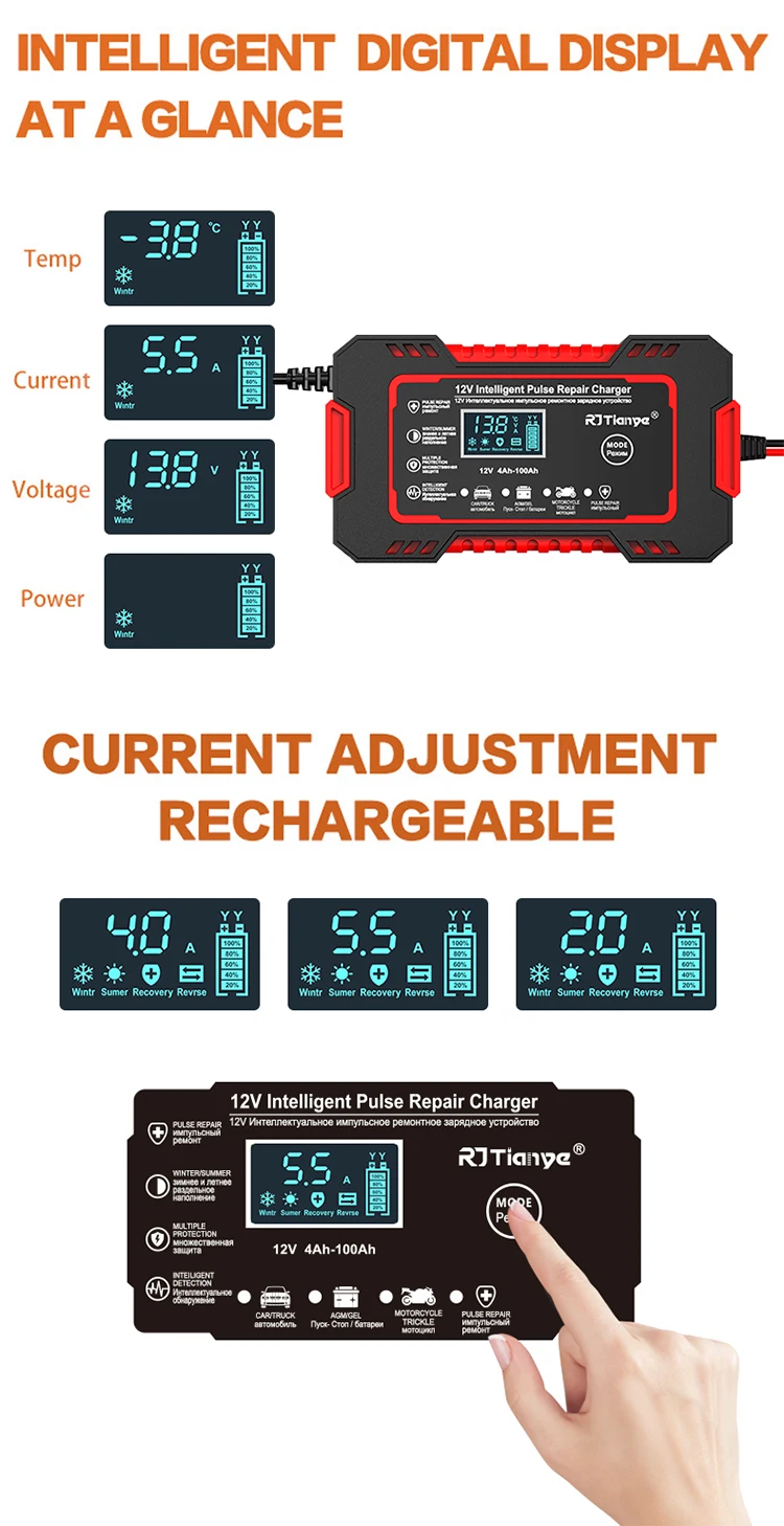 Car Battery Charger 12V 6A Touch Screen Pulse Repair LCD Fast Power Charging Wet Dry Lead Acid Digital LCD Display