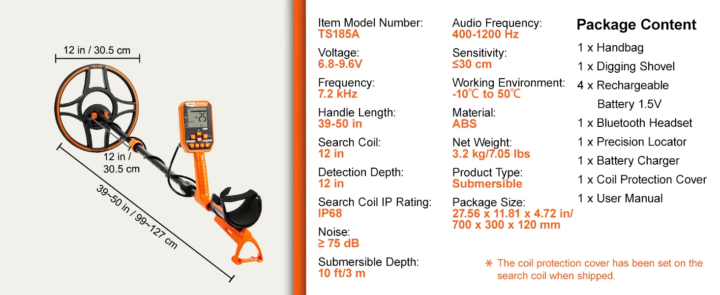 SucceBuy Professional Rechargeable Metal Detector 12" IP68 Waterproof Coil 39-50 in Adjustable + LCD 7Modes for Treasure Hunting