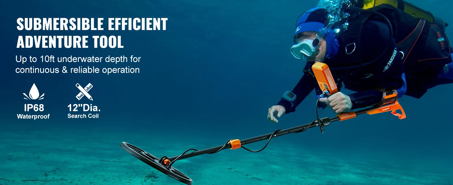SucceBuy Professional Rechargeable Metal Detector 12" IP68 Waterproof Coil 39-50 in Adjustable + LCD 7Modes for Treasure Hunting
