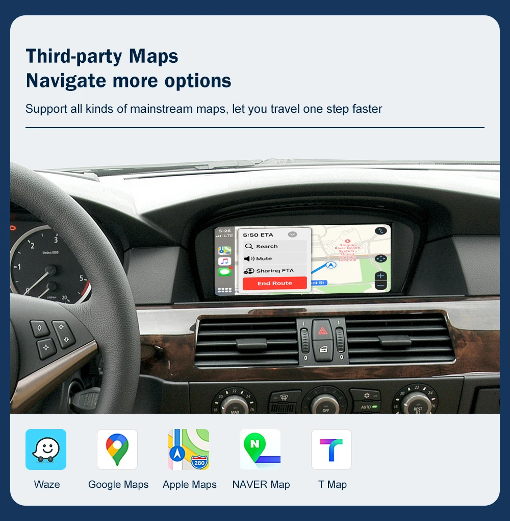 Road Top Wireless CarPlay Android Auto for BMW 3 Series E90 E91 E92 E93 And 5 Series E60 E61 2008-2013 with Mirror Link Function