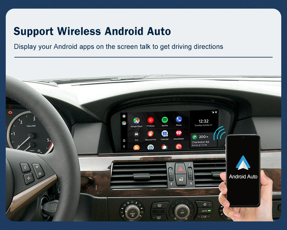 Road Top Wireless CarPlay Android Auto for BMW 3 Series E90 E91 E92 E93 And 5 Series E60 E61 2008-2013 with Mirror Link Function