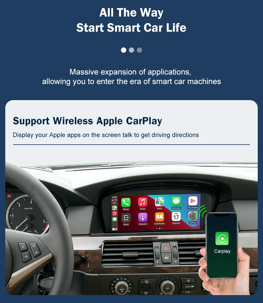 Road Top Wireless CarPlay Android Auto for BMW 3 Series E90 E91 E92 E93 And 5 Series E60 E61 2008-2013 with Mirror Link Function