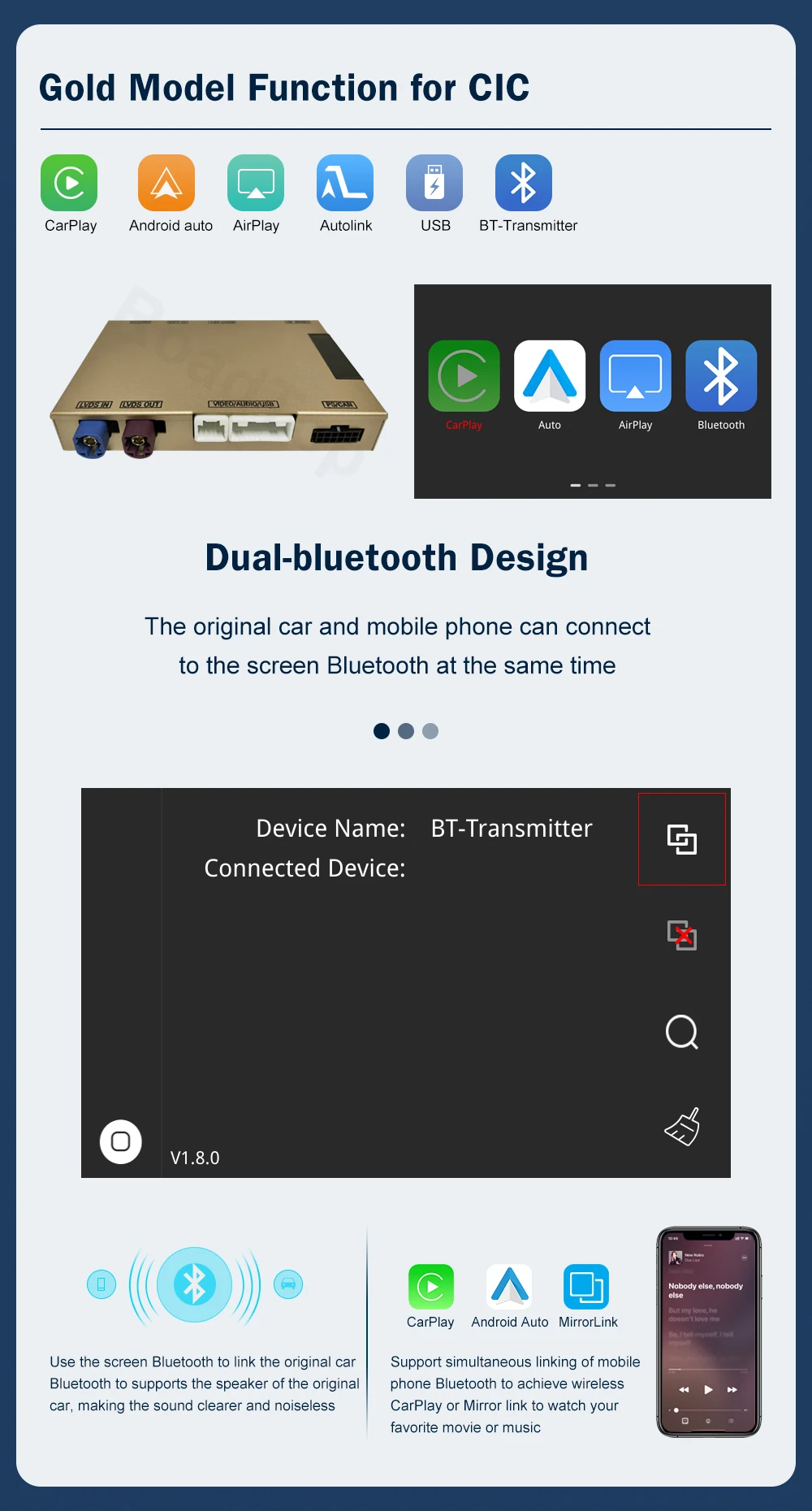 Road Top Wireless CarPlay Android Auto for BMW 3 Series E90 E91 E92 E93 And 5 Series E60 E61 2008-2013 with Mirror Link Function