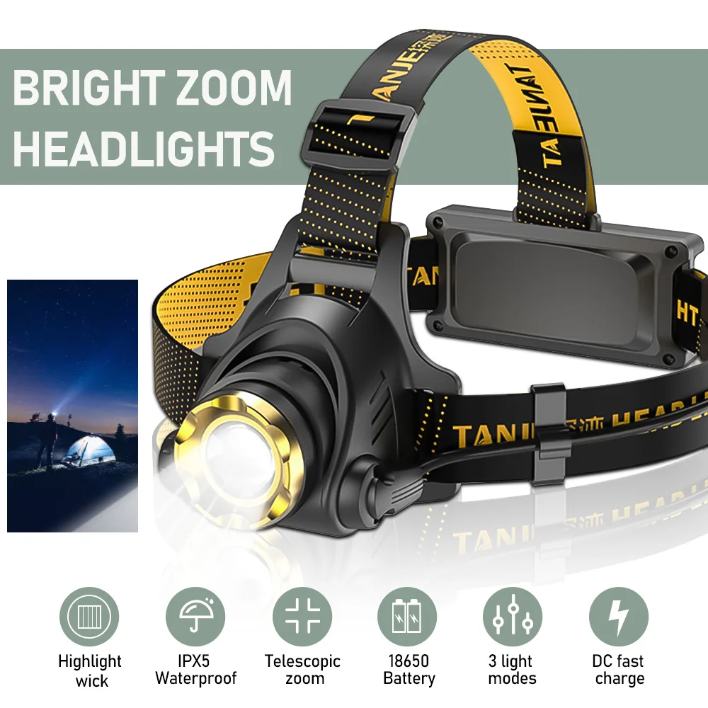 Led Headlamp USB Rechargeable Powerful Batteries Headlight Camping Search Light Head Flashlight 90° Adjustable Head Strap Lamp