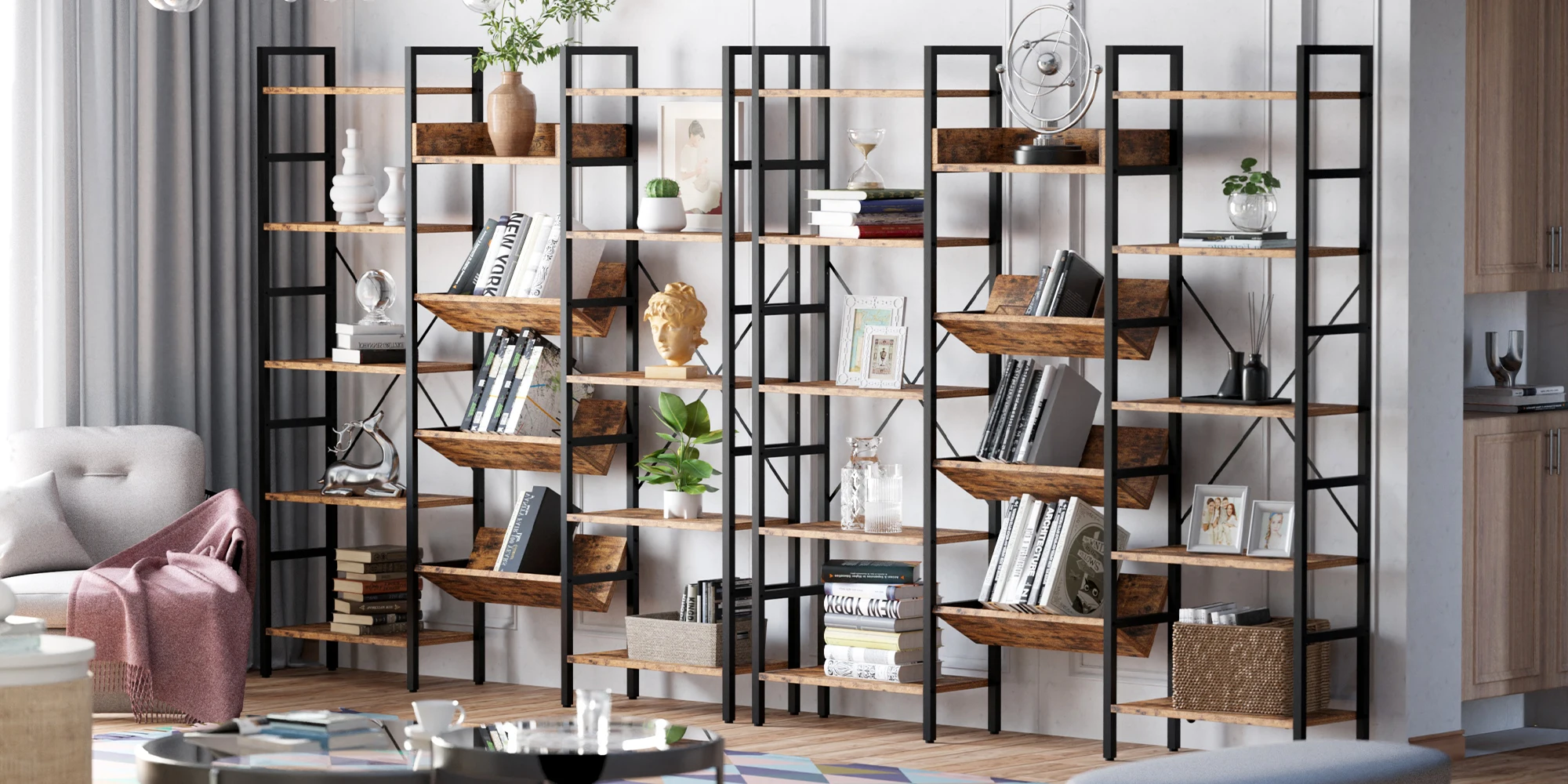 IRONCK Bookcases and Bookshelves Triple Wide 5 Tiers Industrial Bookshelf, Large Etagere Bookshelf Open Record Player Shelves