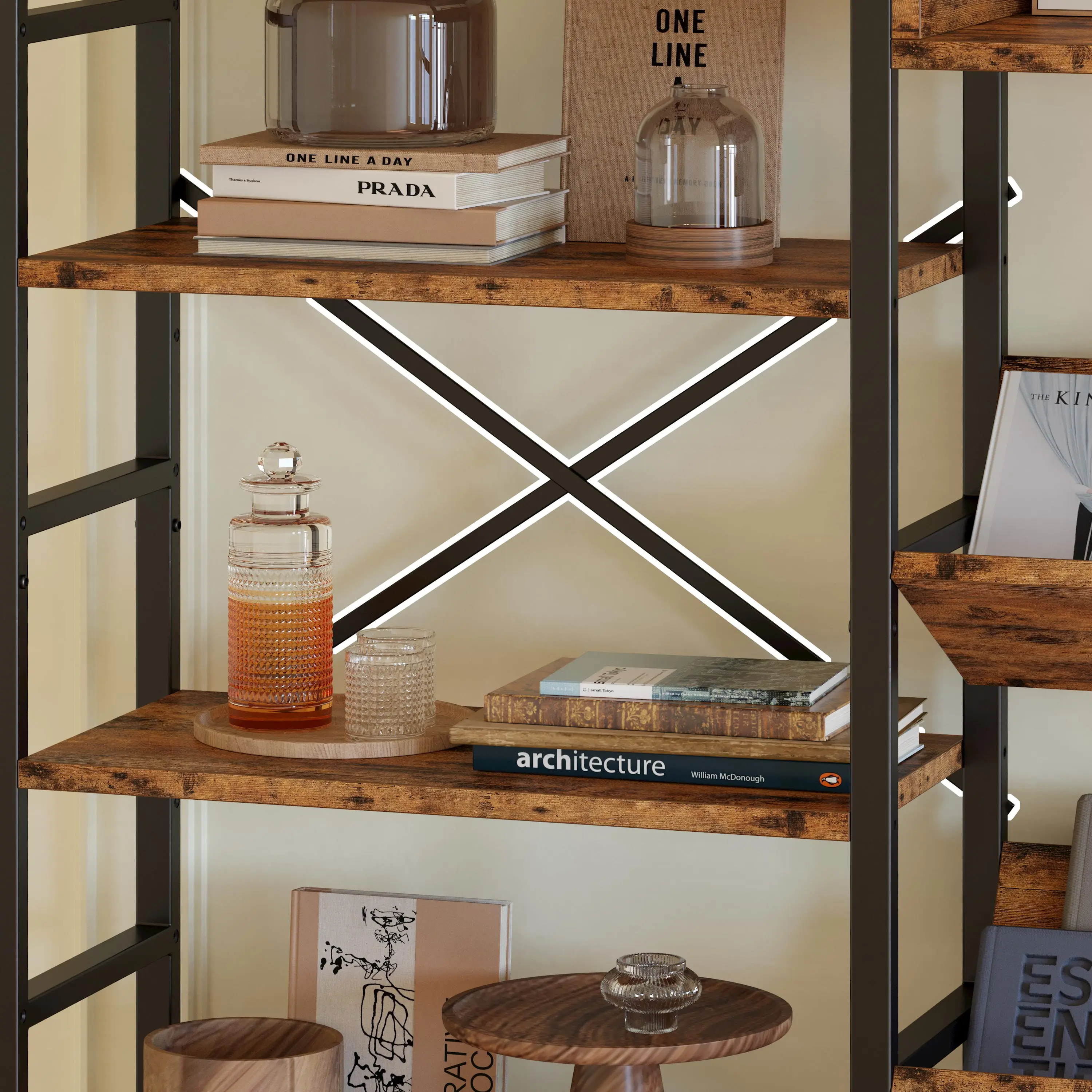 IRONCK Bookcases and Bookshelves Triple Wide 5 Tiers Industrial Bookshelf, Large Etagere Bookshelf Open Record Player Shelves