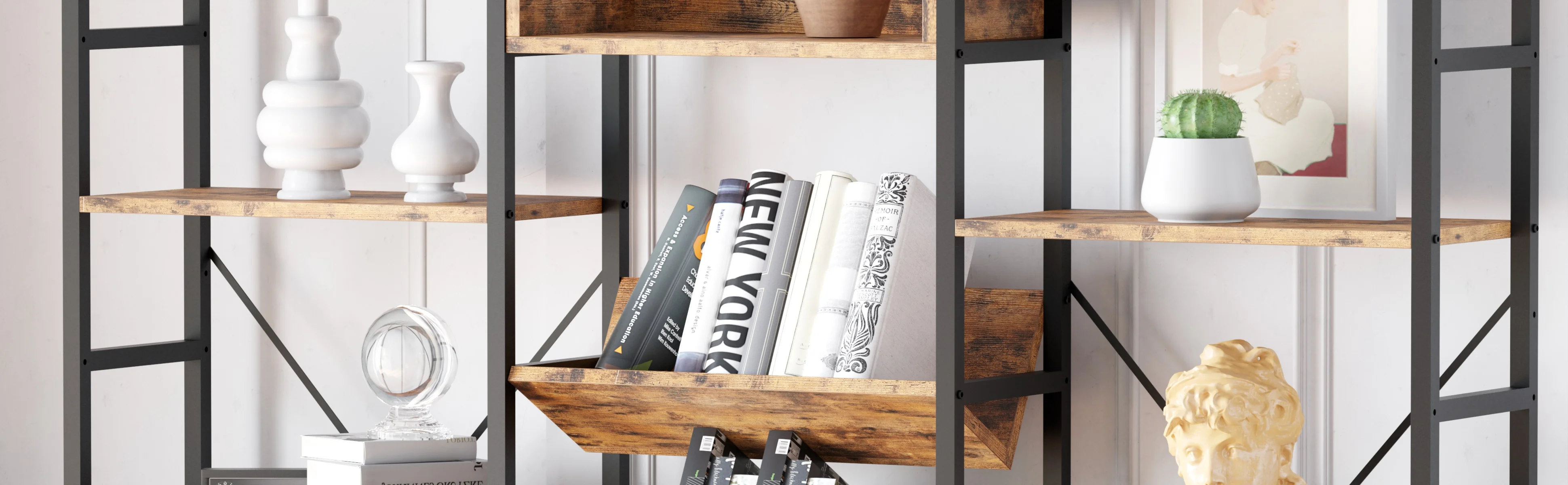 IRONCK Bookcases and Bookshelves Triple Wide 5 Tiers Industrial Bookshelf, Large Etagere Bookshelf Open Record Player Shelves