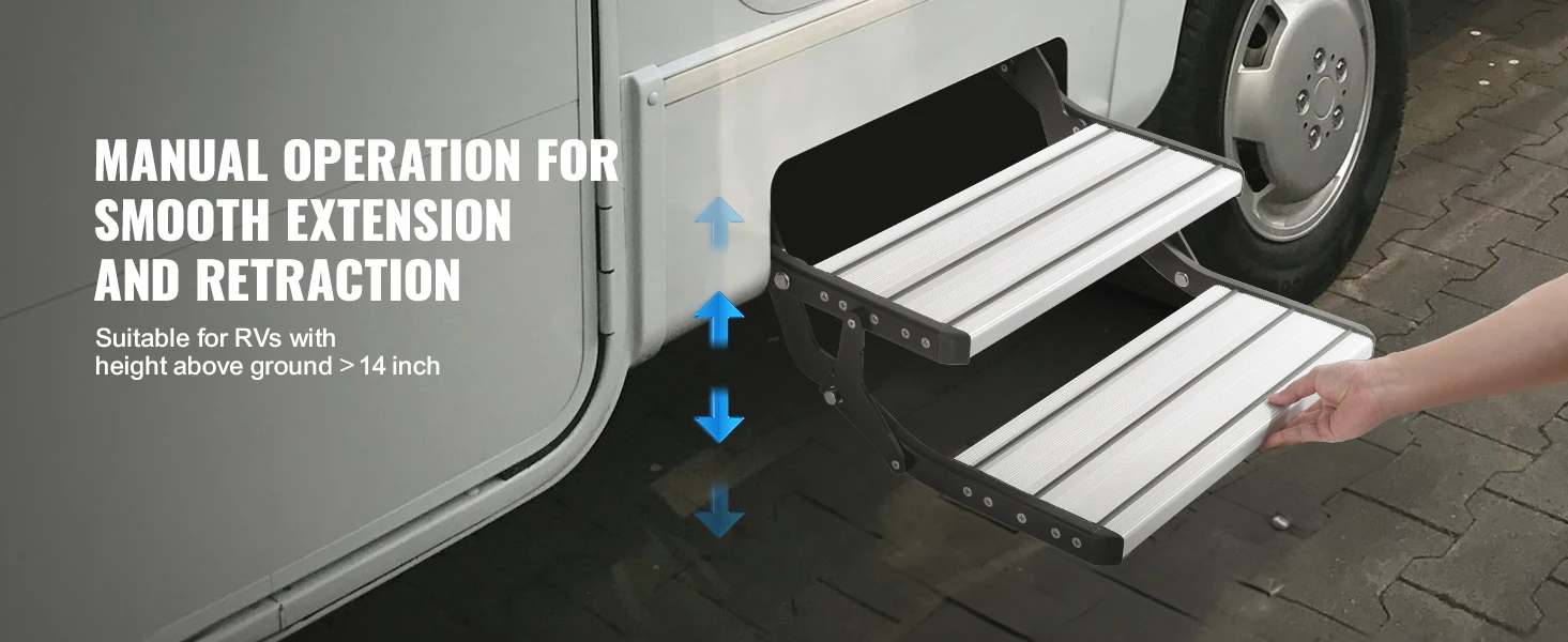 SucceBuy RV Steps 2-Step Manual Retractable RV Stairs Foldable 440 LBS Load Capacity Aluminum Alloy Steps Thickened Steel Plate