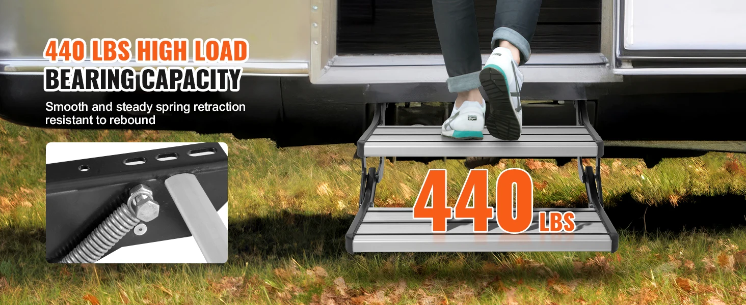 SucceBuy RV Steps 2-Step Manual Retractable RV Stairs Foldable 440 LBS Load Capacity Aluminum Alloy Steps Thickened Steel Plate