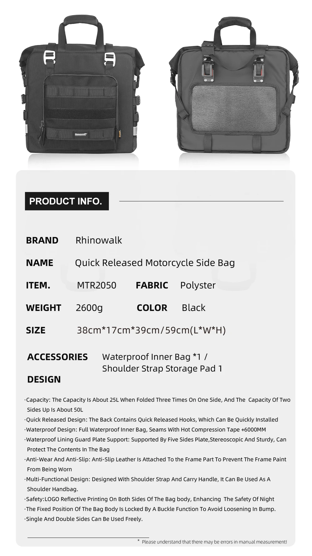 Rhinowalk Motorcycle Saddle Bag Waterproof 25L-32L Expandable Side Pannier Bag Quick Release 3D Cube Motorbike Storage Bag 1PC