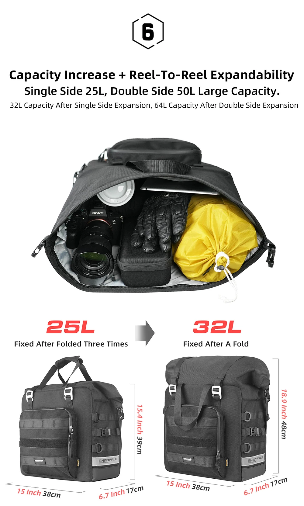 Rhinowalk Motorcycle Saddle Bag Waterproof 25L-32L Expandable Side Pannier Bag Quick Release 3D Cube Motorbike Storage Bag 1PC
