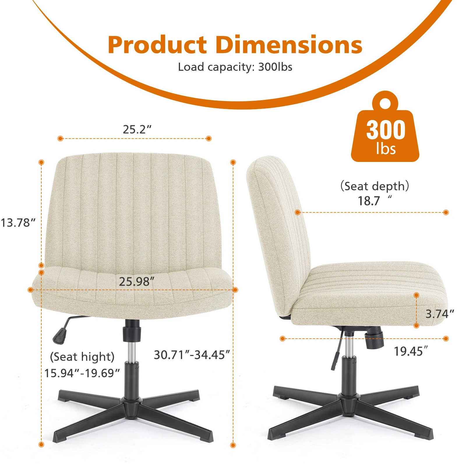 JHK Cross Legged Office Living Room Rocking Gaming Chair Armless Wide Desk Adjustable Swivel Fabric Task Vanity Home Office