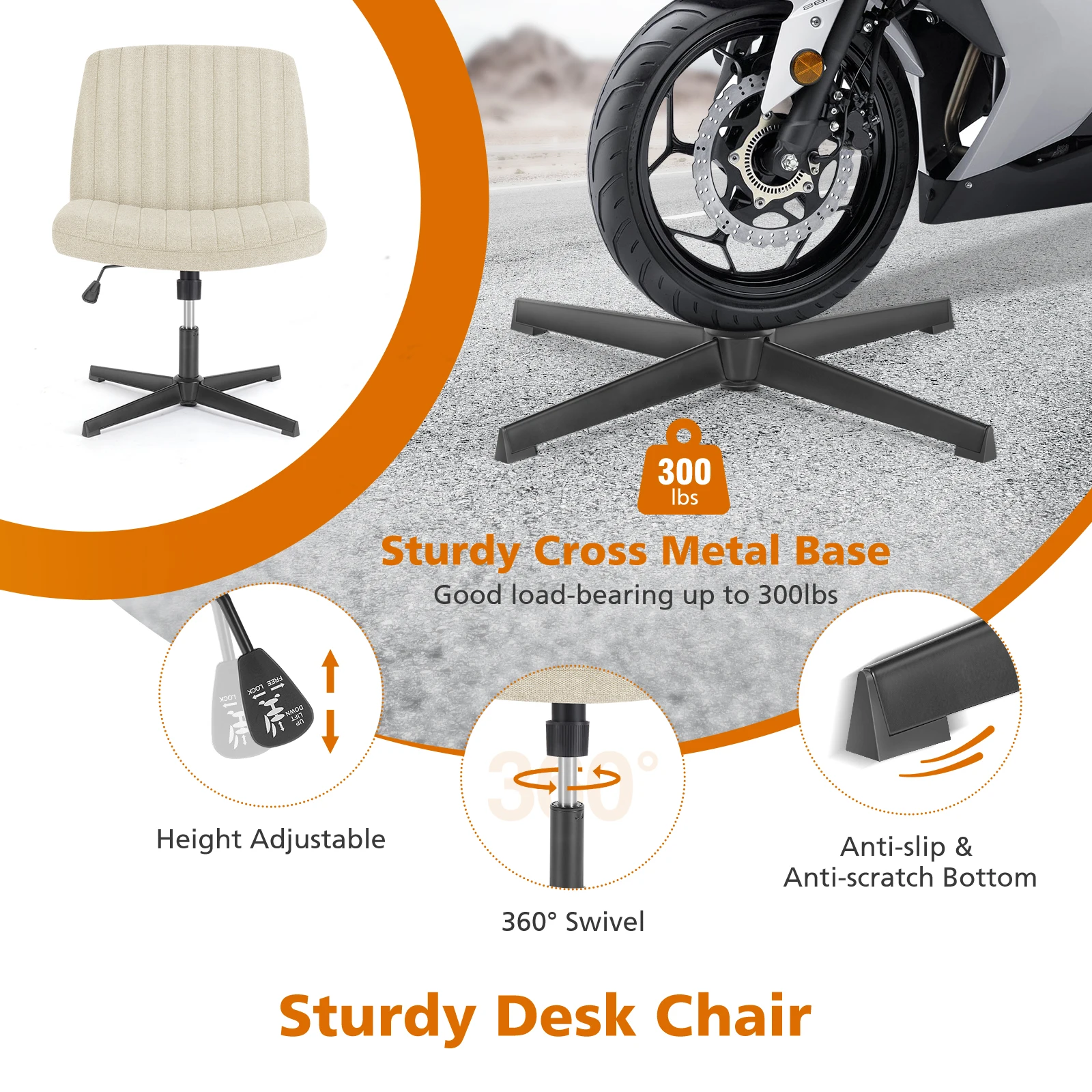 JHK Cross Legged Office Living Room Rocking Gaming Chair Armless Wide Desk Adjustable Swivel Fabric Task Vanity Home Office