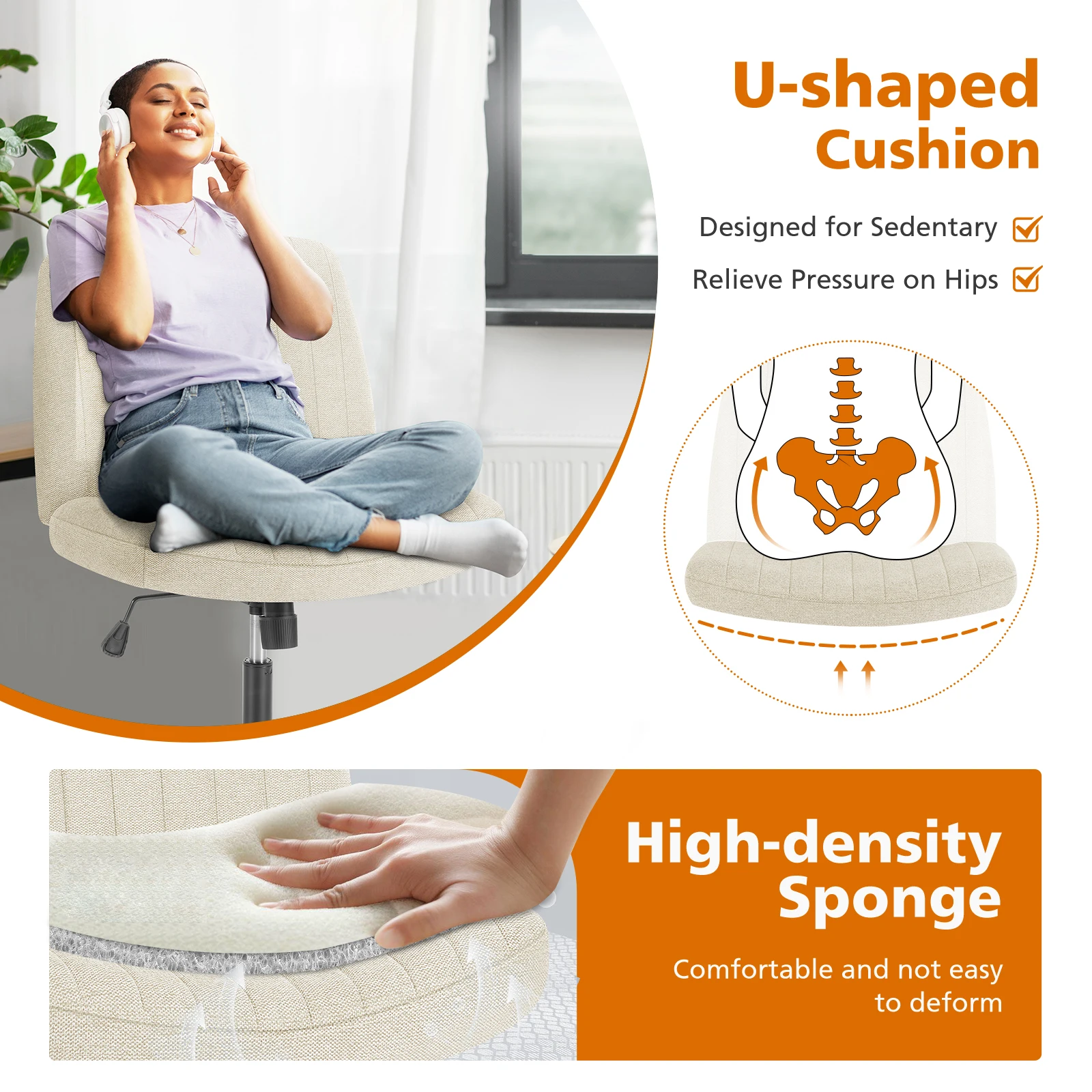 JHK Cross Legged Office Living Room Rocking Gaming Chair Armless Wide Desk Adjustable Swivel Fabric Task Vanity Home Office