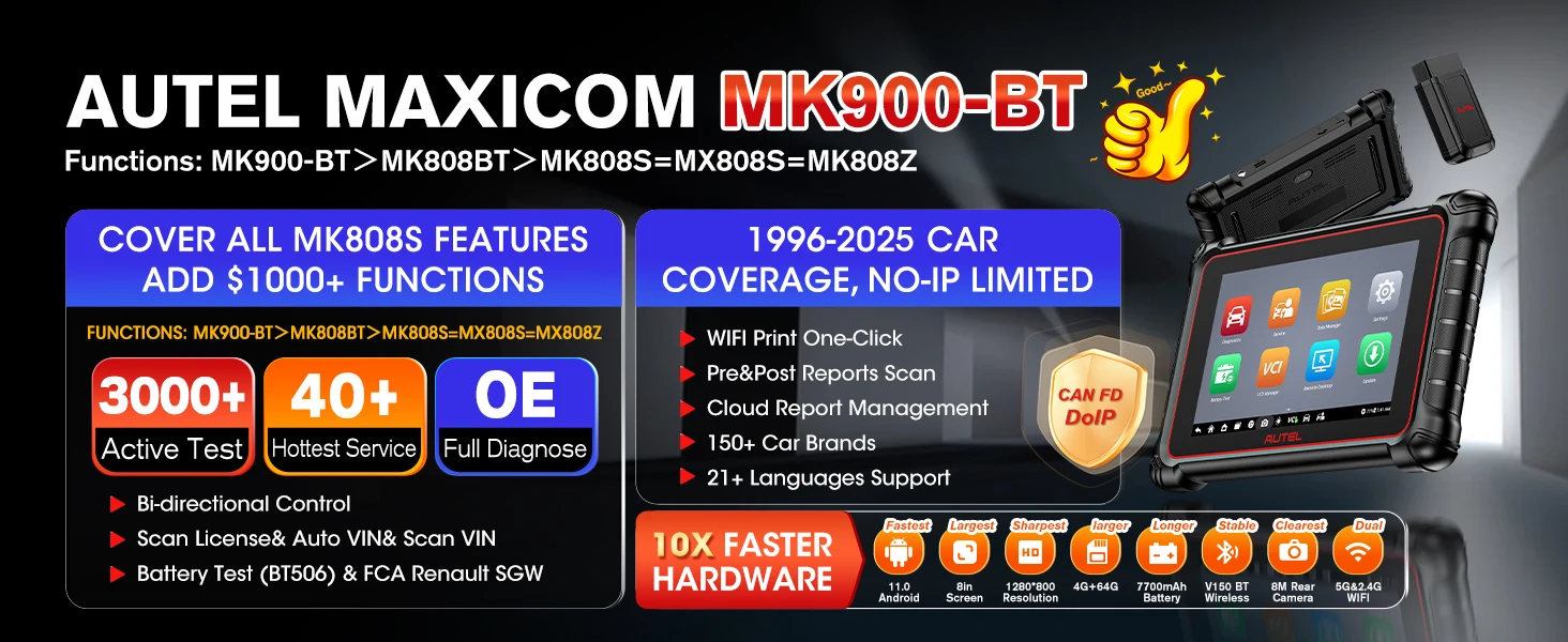 Autel MaxiCOM MK900-BT MK900BT Diagnostic Scanner Wireless DoIP / CAN FD Scan Tool, Bi-directional Control Automotive Tools