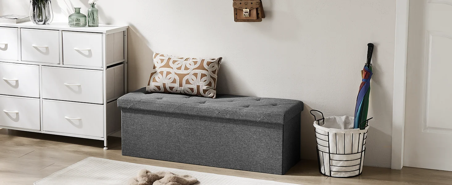 JHK Living Room Hidden Storage Footstool Toy Box Bedroom Bench Linen Fabric Easy Assemble Strong Load-bearing Capacity Stool