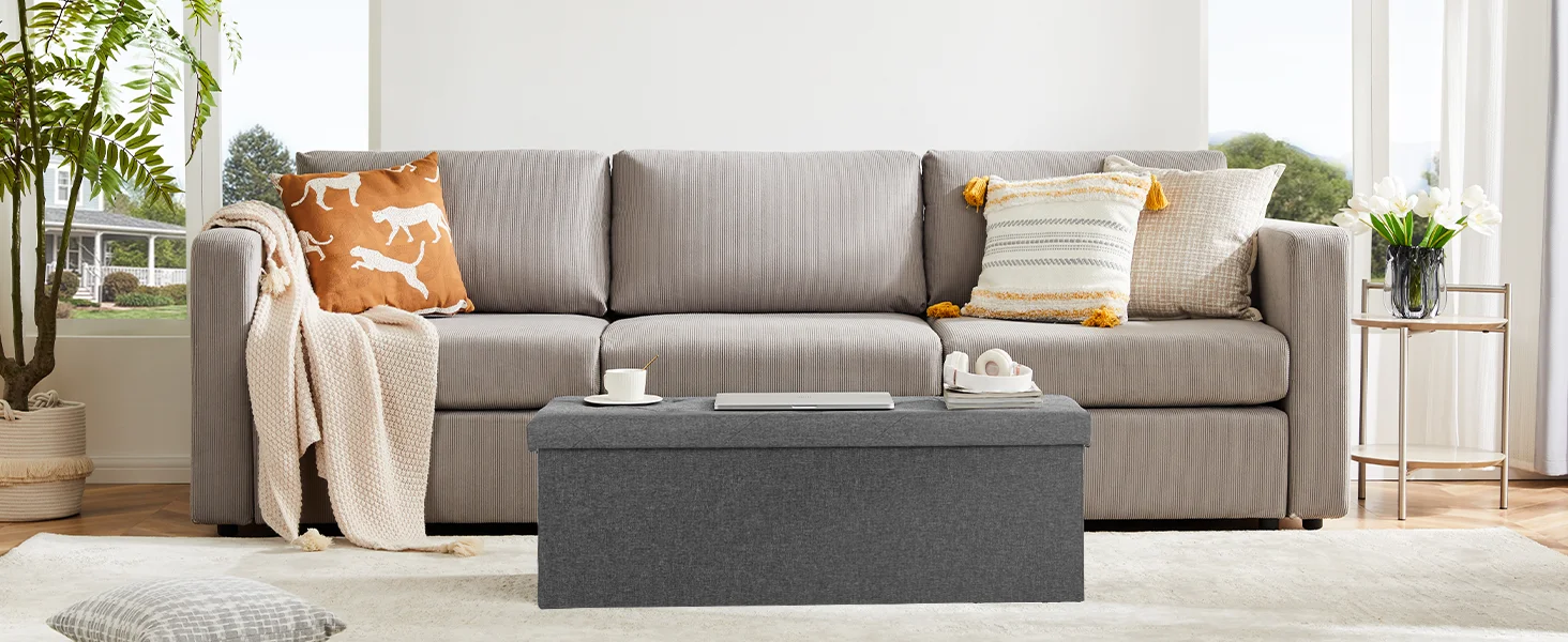JHK Living Room Hidden Storage Footstool Toy Box Bedroom Bench Linen Fabric Easy Assemble Strong Load-bearing Capacity Stool