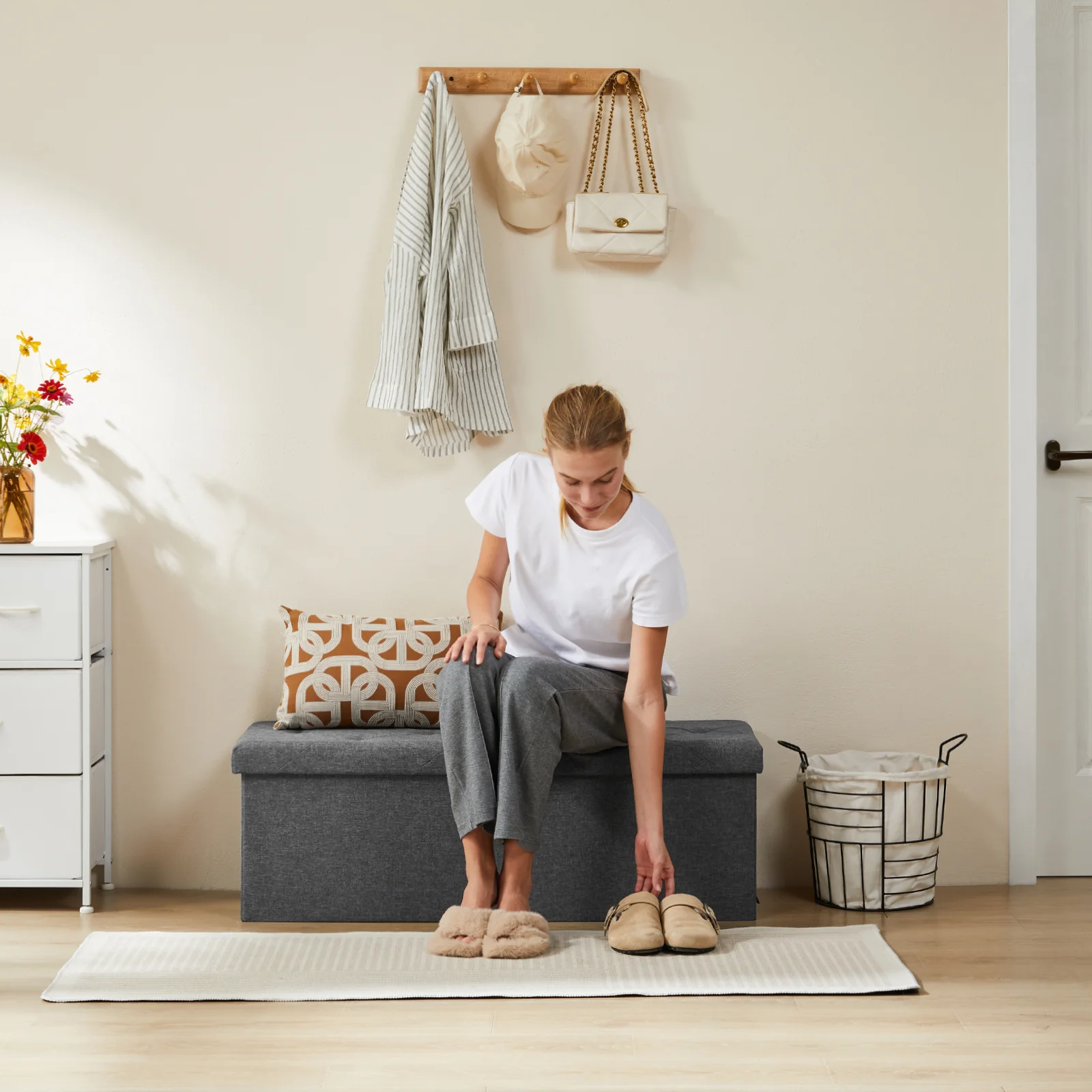 JHK Living Room Hidden Storage Footstool Toy Box Bedroom Bench Linen Fabric Easy Assemble Strong Load-bearing Capacity Stool