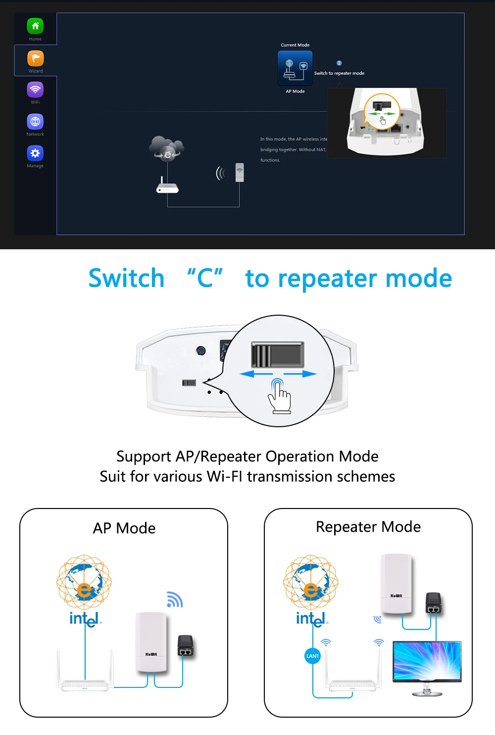 KuWfi 300Mbps Outdoor CPE Bridge 2.4Ghz Wireless WiFi Router AP Repeater Bridge Wi-fi Signal Extender PTP Up to 1KM with 24V POE
