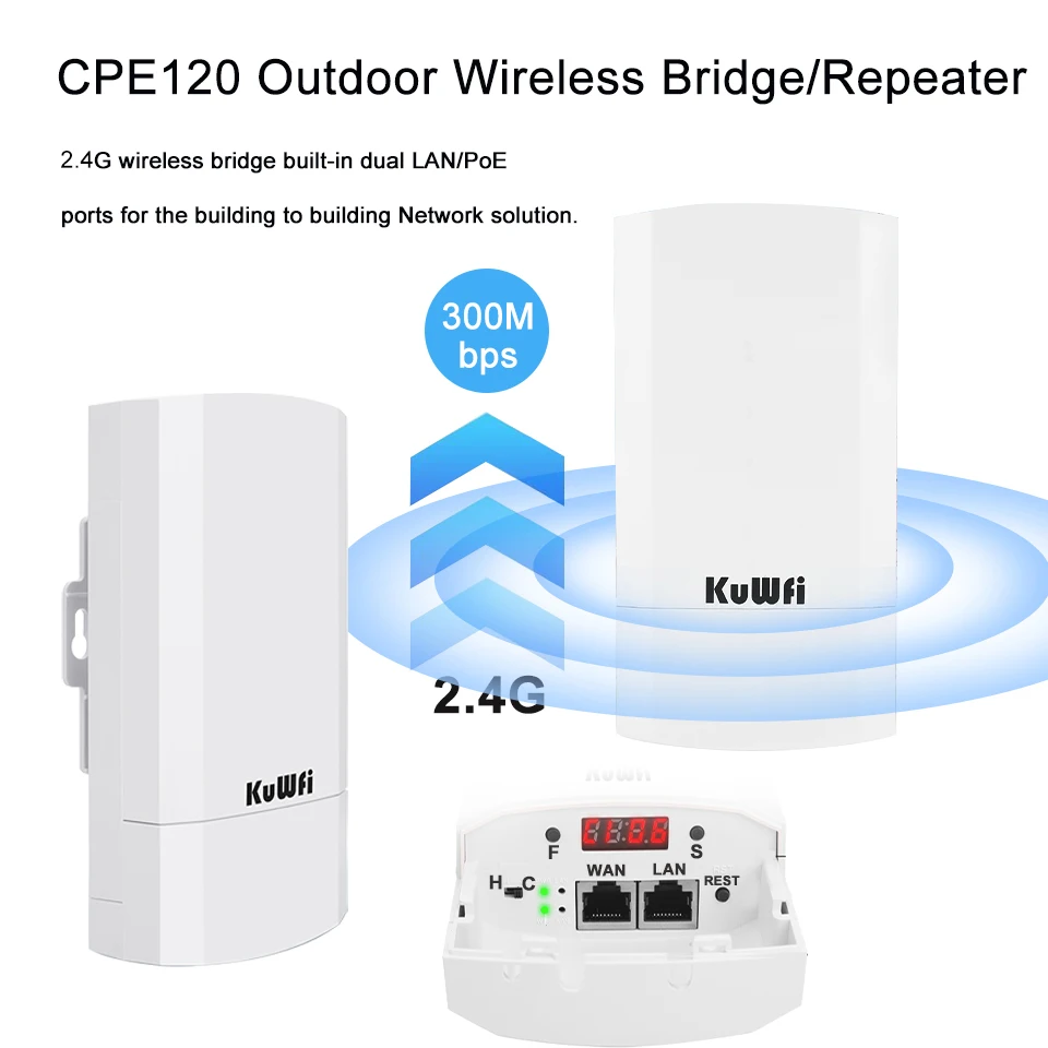 KuWfi 300Mbps Outdoor CPE Bridge 2.4Ghz Wireless WiFi Router AP Repeater Bridge Wi-fi Signal Extender PTP Up to 1KM with 24V POE