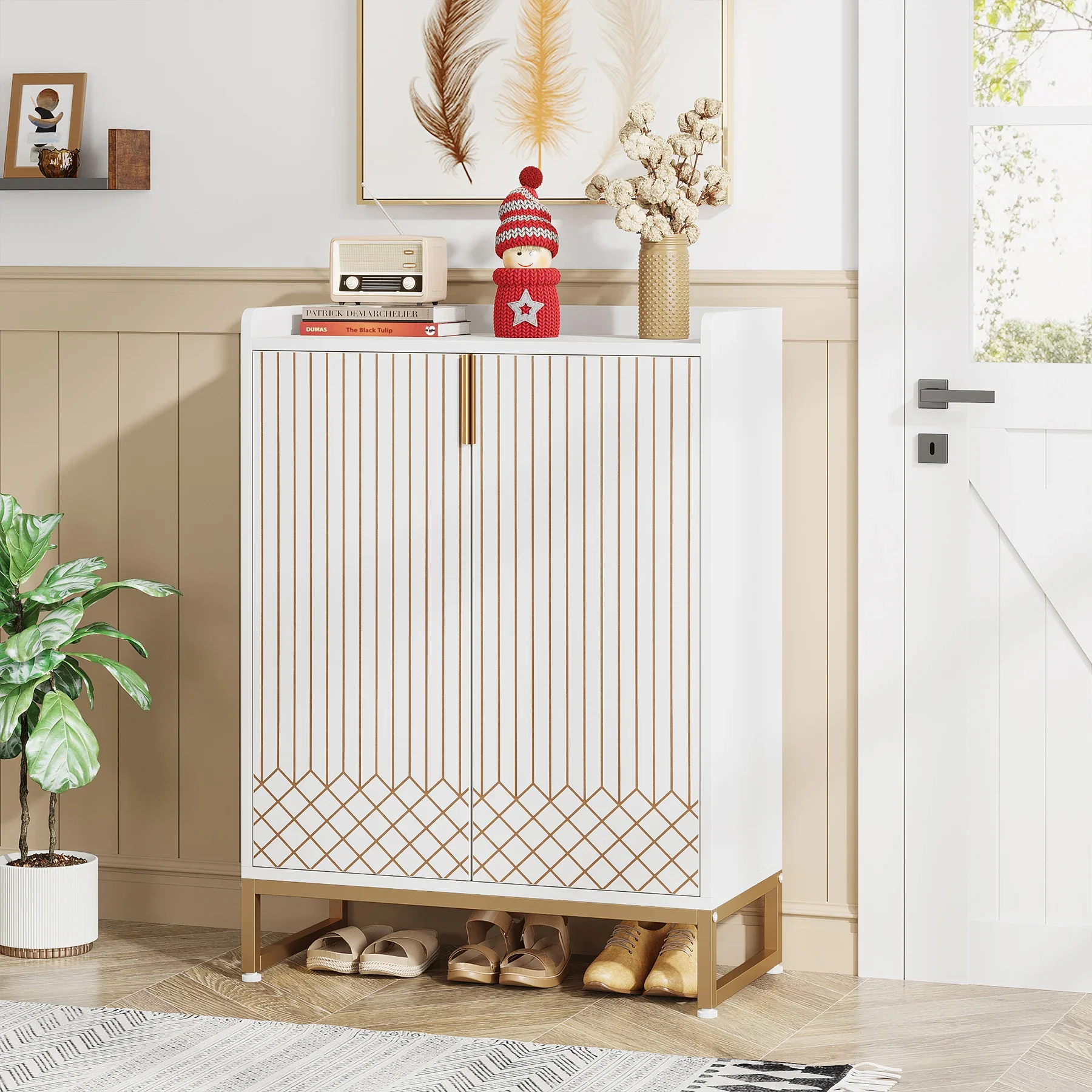 Tribesigns White Shoe Cabinets with Doors, 5-Tier Shoe Rack, Wood Storage Cabinet for Bedroom Hallway Living Room